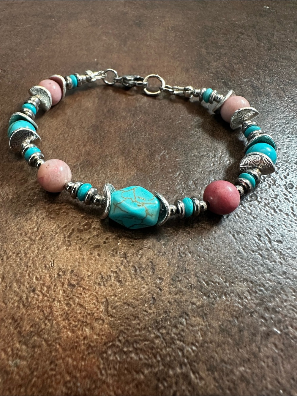 Turquoise & Pink Beaded Women's Bracelet - Silver Accents